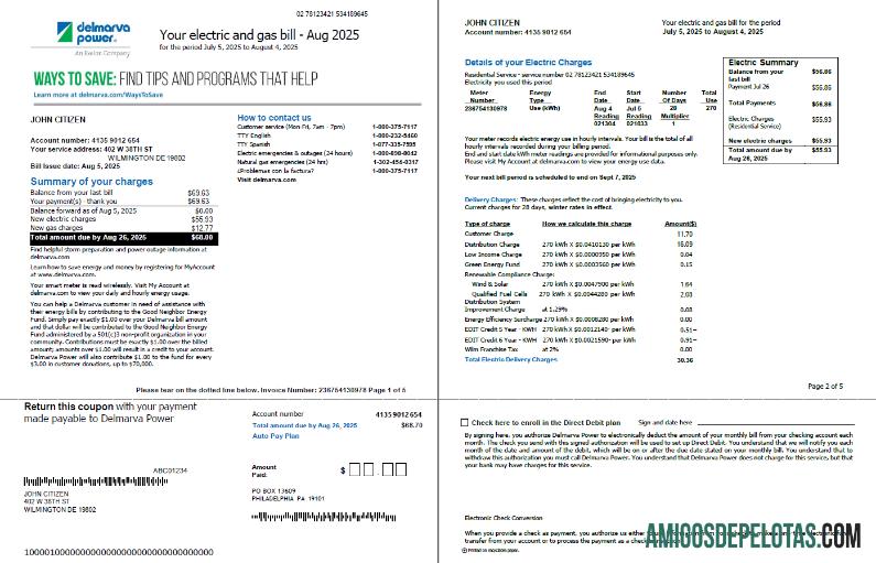 realista Modelo de conta de serviços públicos de energia Delmarva dos EUA em formatos Word e PDF, 5 páginas, 1 2 páginas